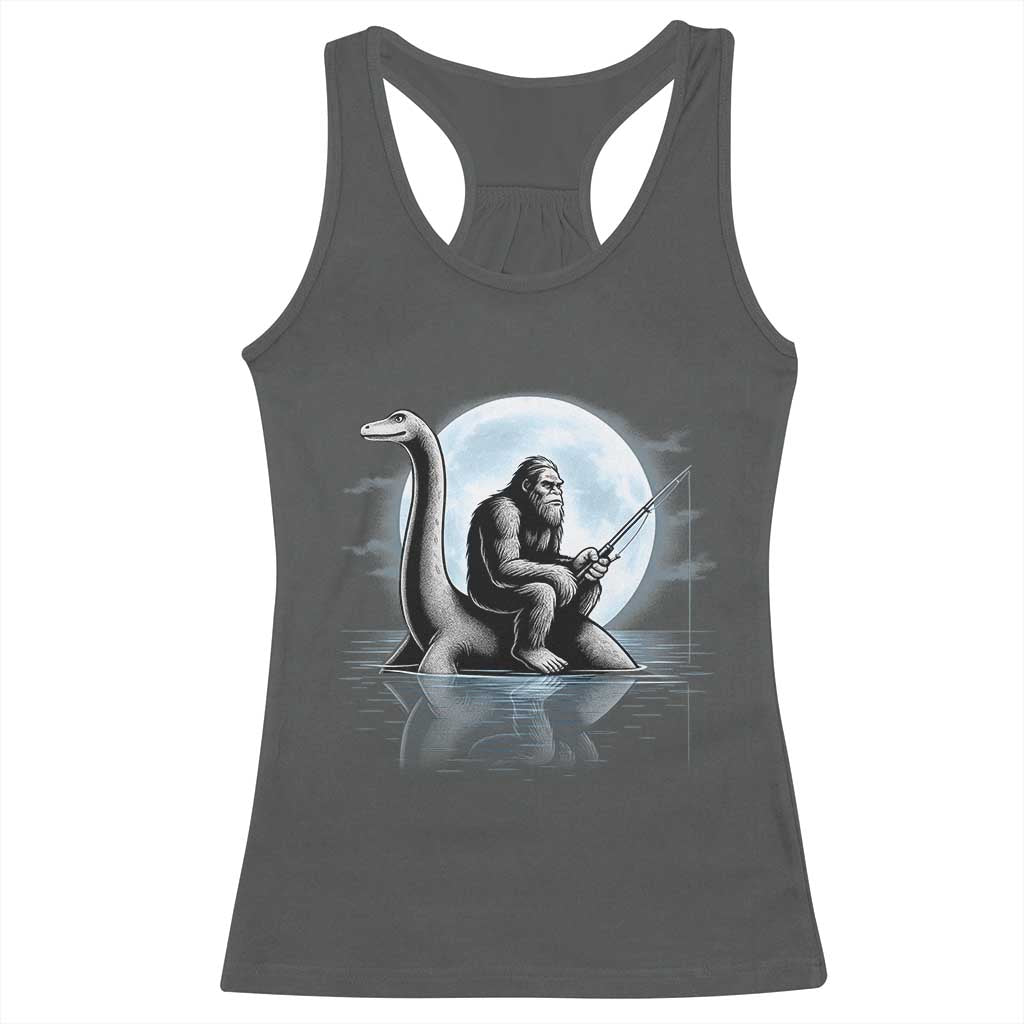 Funny Bigfoot Fishing Racerback Tank Top Sasquatch Riding Nessie Cryptid Moon Night - Wonder Print Shop