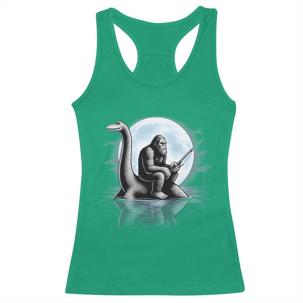 Funny Bigfoot Fishing Racerback Tank Top Sasquatch Riding Nessie Cryptid Moon Night - Wonder Print Shop