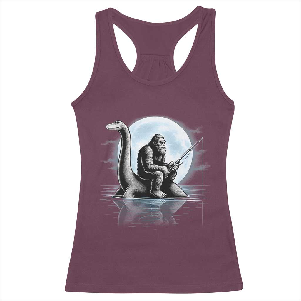 Funny Bigfoot Fishing Racerback Tank Top Sasquatch Riding Nessie Cryptid Moon Night - Wonder Print Shop