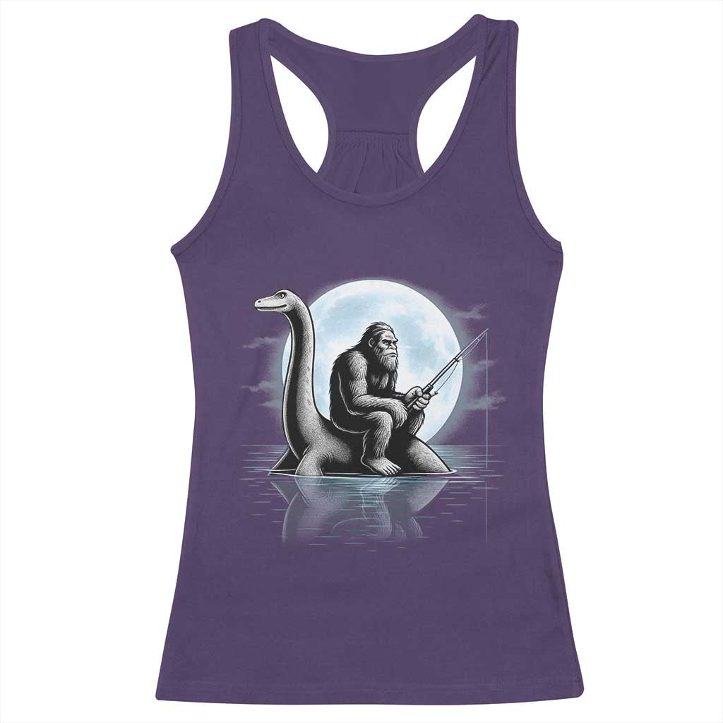 Funny Bigfoot Fishing Racerback Tank Top Sasquatch Riding Nessie Cryptid Moon Night - Wonder Print Shop