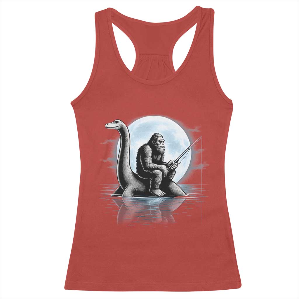 Funny Bigfoot Fishing Racerback Tank Top Sasquatch Riding Nessie Cryptid Moon Night - Wonder Print Shop