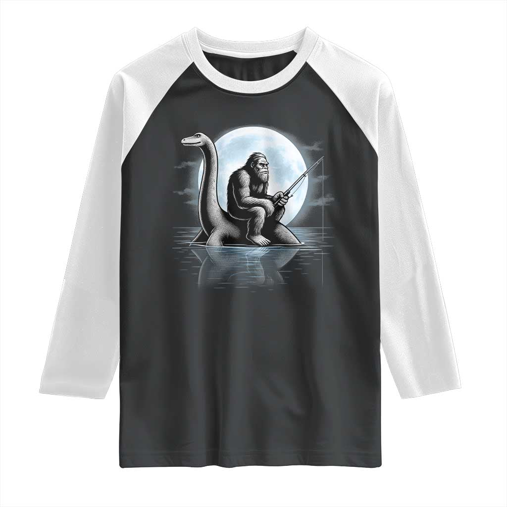 Funny Bigfoot Fishing Raglan Shirt Sasquatch Riding Nessie Cryptid Moon Night - Wonder Print Shop