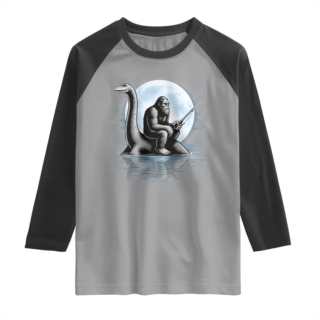 Funny Bigfoot Fishing Raglan Shirt Sasquatch Riding Nessie Cryptid Moon Night - Wonder Print Shop