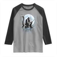 Funny Bigfoot Fishing Raglan Shirt Sasquatch Riding Nessie Cryptid Moon Night - Wonder Print Shop