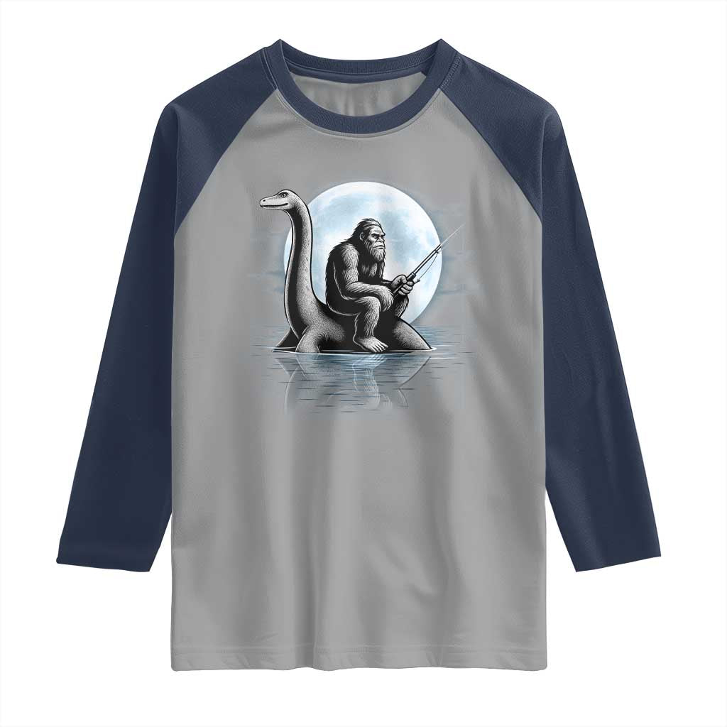 Funny Bigfoot Fishing Raglan Shirt Sasquatch Riding Nessie Cryptid Moon Night - Wonder Print Shop