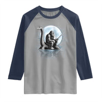 Funny Bigfoot Fishing Raglan Shirt Sasquatch Riding Nessie Cryptid Moon Night - Wonder Print Shop