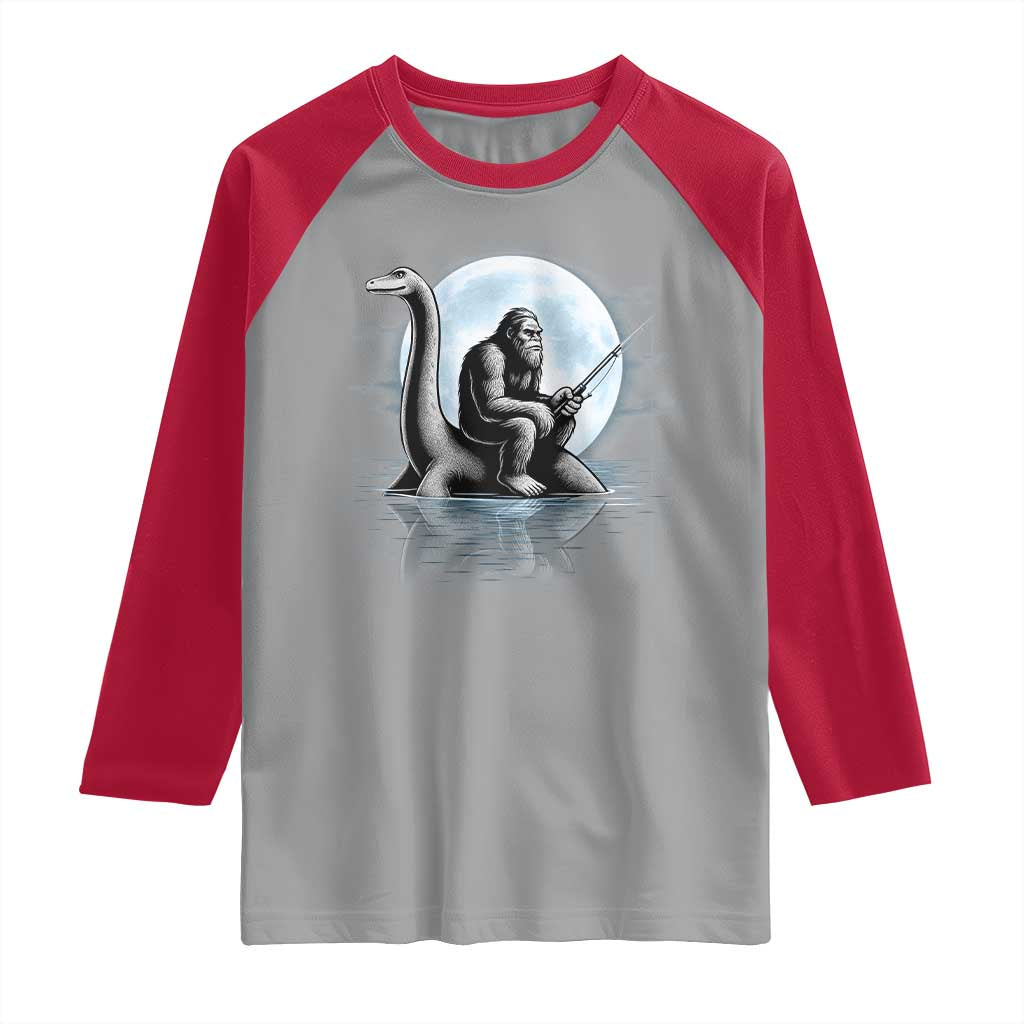 Funny Bigfoot Fishing Raglan Shirt Sasquatch Riding Nessie Cryptid Moon Night - Wonder Print Shop