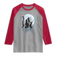 Funny Bigfoot Fishing Raglan Shirt Sasquatch Riding Nessie Cryptid Moon Night - Wonder Print Shop