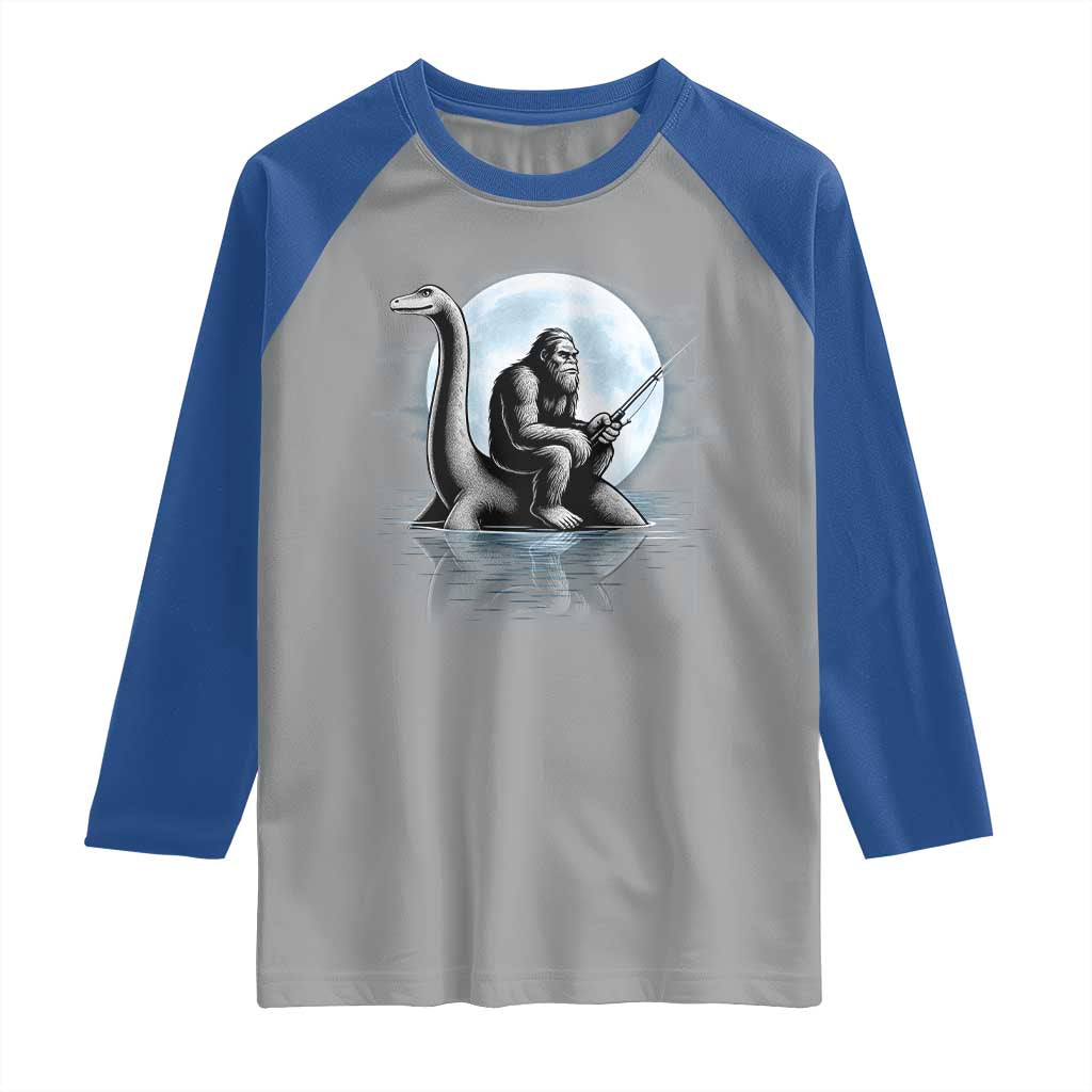 Funny Bigfoot Fishing Raglan Shirt Sasquatch Riding Nessie Cryptid Moon Night - Wonder Print Shop