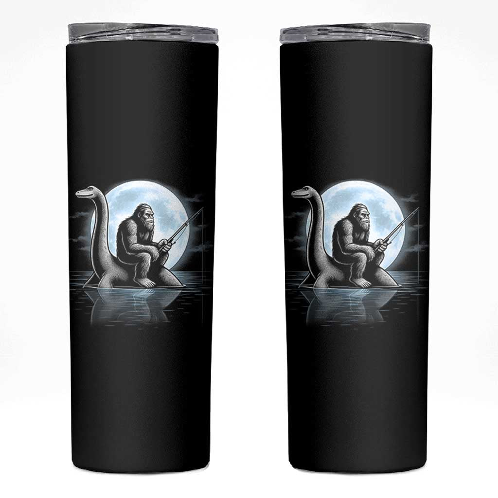 Funny Bigfoot Fishing Skinny Tumbler Sasquatch Riding Nessie Cryptid Moon Night - Wonder Print Shop