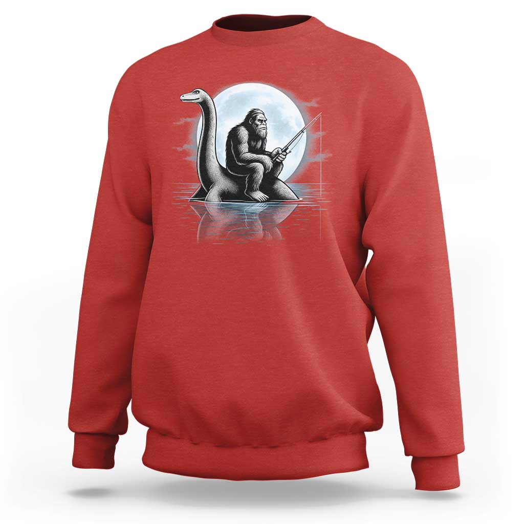 Funny Bigfoot Fishing Sweatshirt Sasquatch Riding Nessie Cryptid Moon Night - Wonder Print Shop