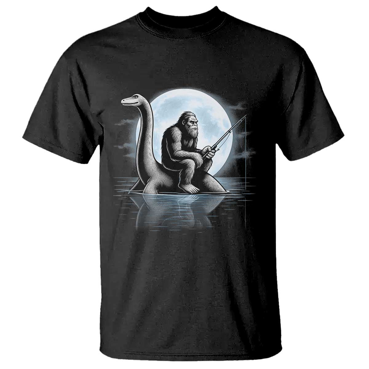 Funny Bigfoot Fishing T Shirt Sasquatch Riding Nessie Cryptid Moon Night - Wonder Print Shop