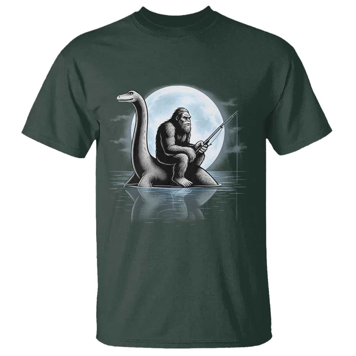 Funny Bigfoot Fishing T Shirt Sasquatch Riding Nessie Cryptid Moon Night - Wonder Print Shop