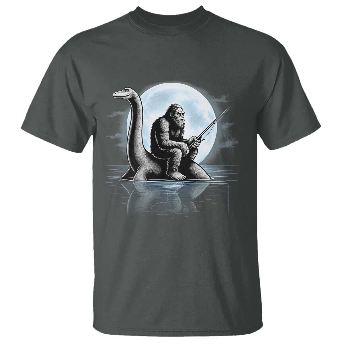 Funny Bigfoot Fishing T Shirt Sasquatch Riding Nessie Cryptid Moon Night - Wonder Print Shop