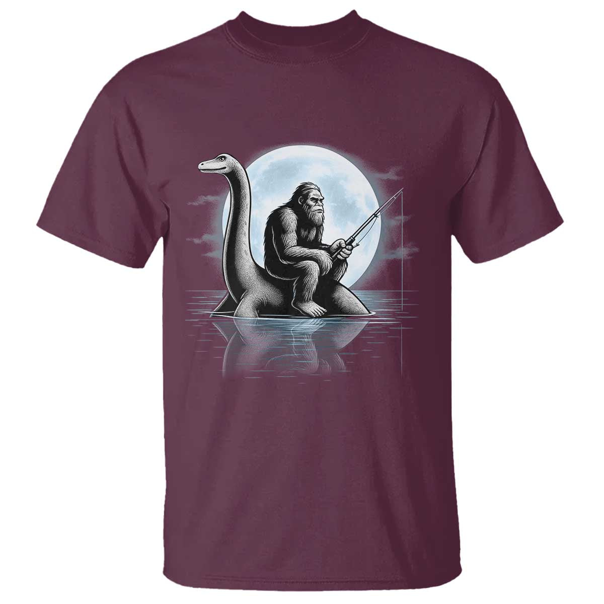 Funny Bigfoot Fishing T Shirt Sasquatch Riding Nessie Cryptid Moon Night - Wonder Print Shop