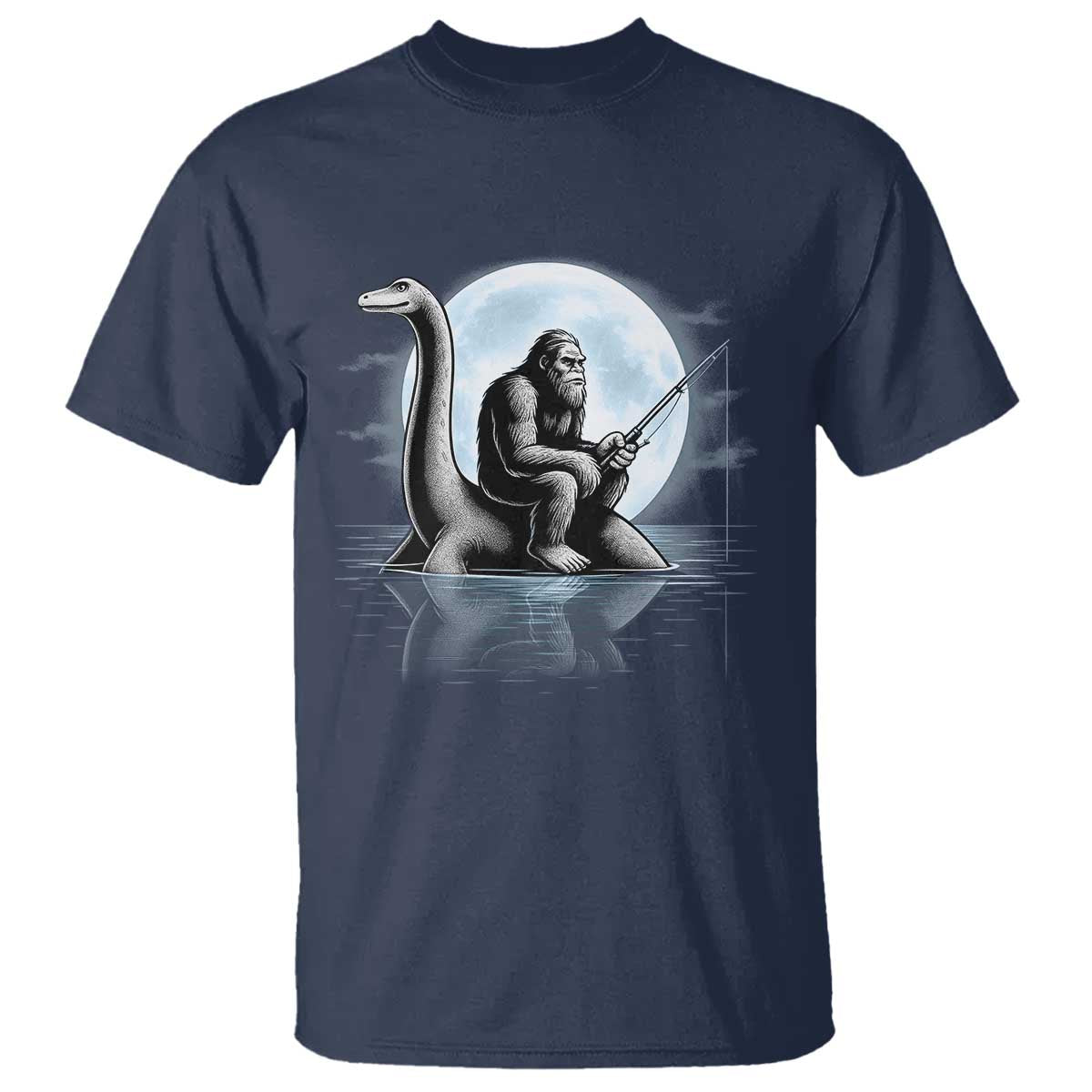 Funny Bigfoot Fishing T Shirt Sasquatch Riding Nessie Cryptid Moon Night - Wonder Print Shop