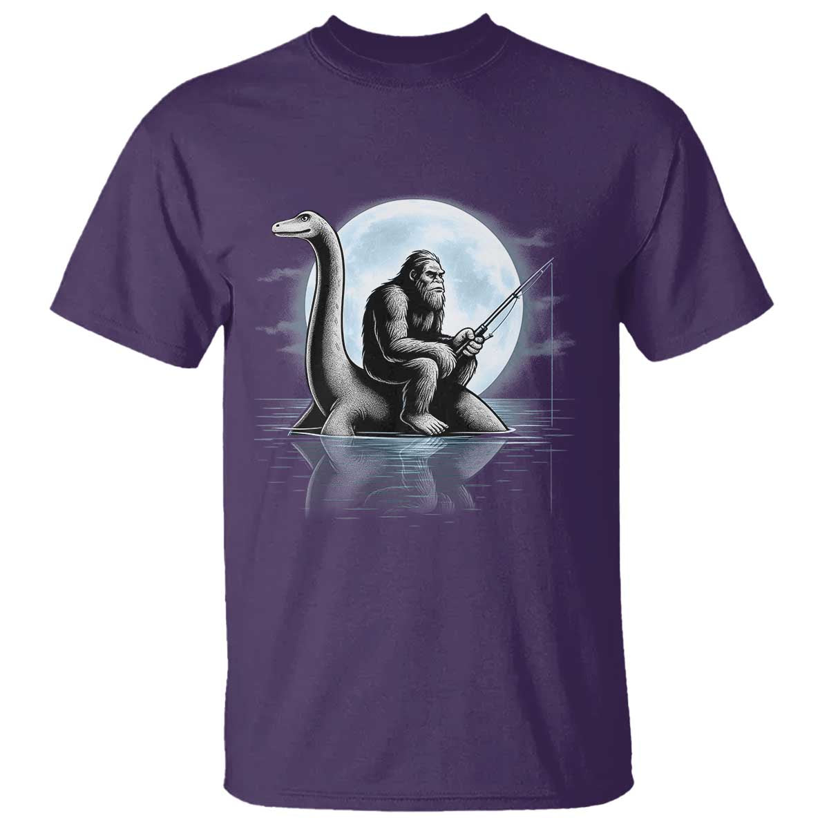 Funny Bigfoot Fishing T Shirt Sasquatch Riding Nessie Cryptid Moon Night - Wonder Print Shop