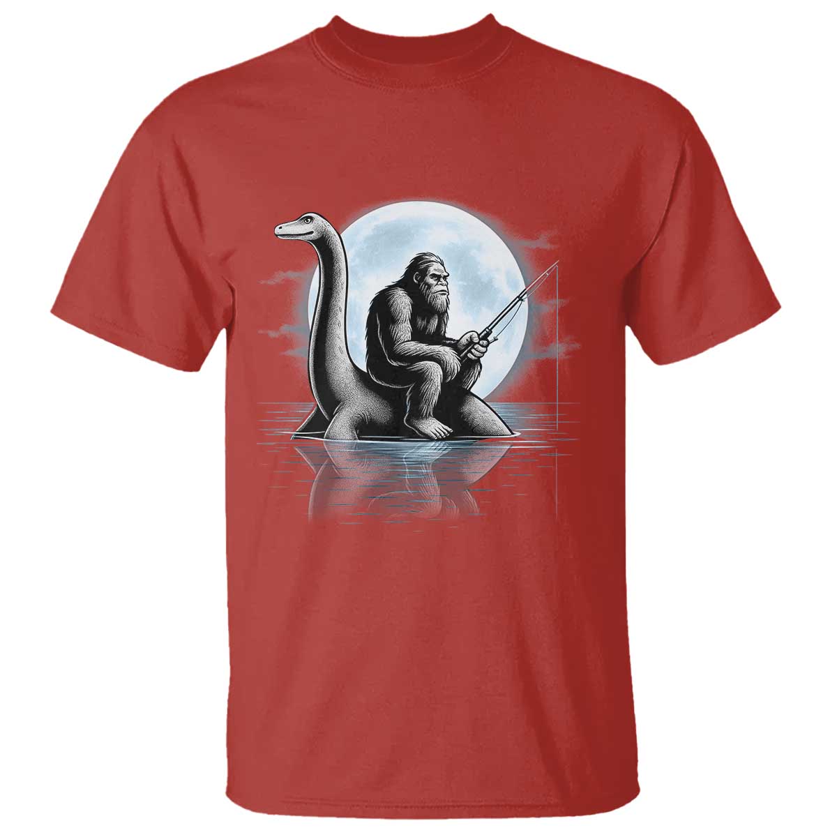 Funny Bigfoot Fishing T Shirt Sasquatch Riding Nessie Cryptid Moon Night - Wonder Print Shop