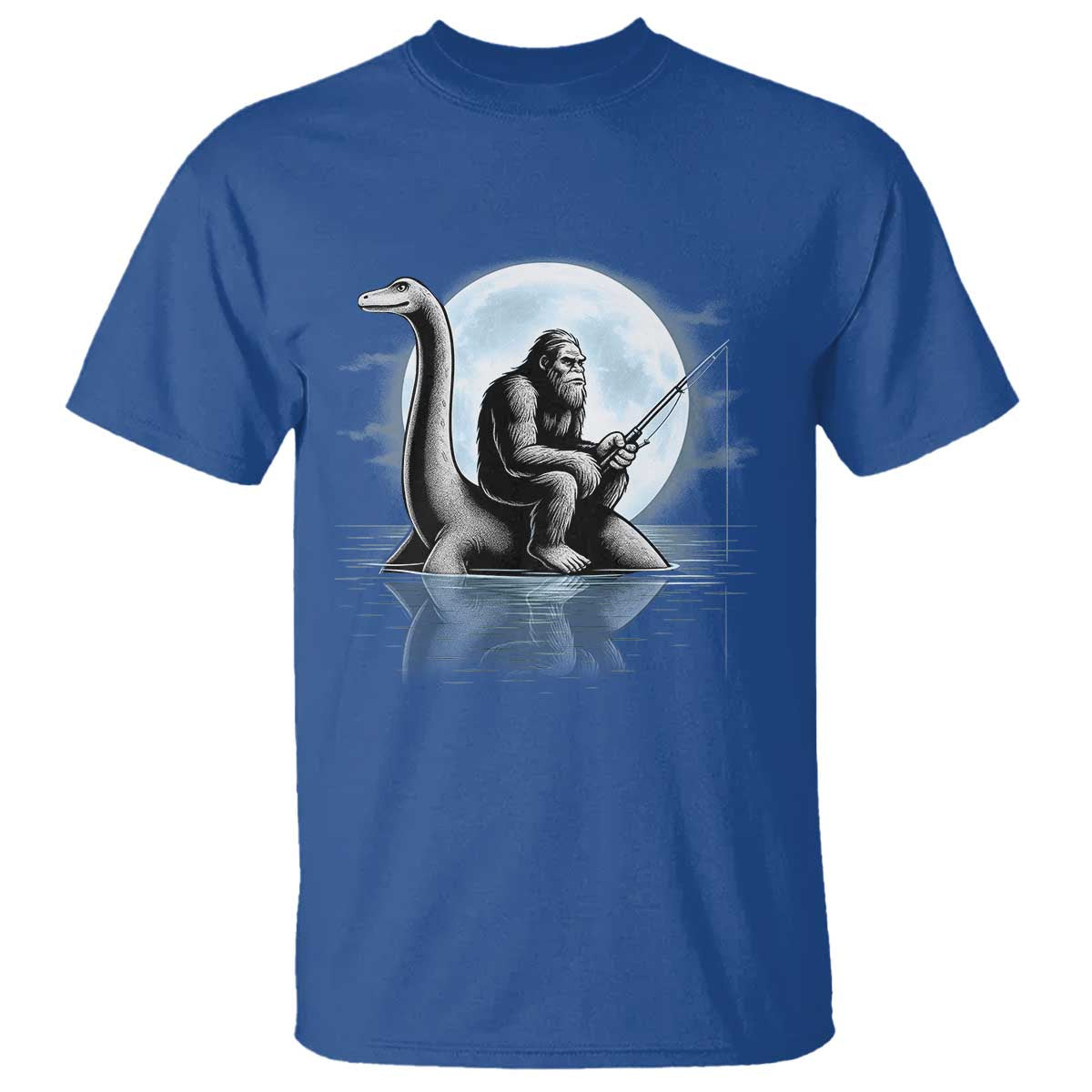 Funny Bigfoot Fishing T Shirt Sasquatch Riding Nessie Cryptid Moon Night - Wonder Print Shop