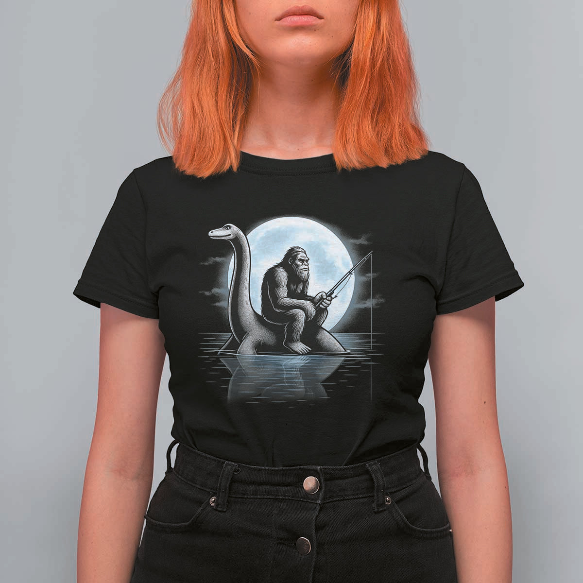 Funny Bigfoot Fishing T Shirt For Women Sasquatch Riding Nessie Cryptid Moon Night - Wonder Print Shop