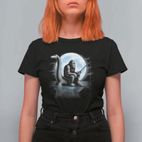 Funny Bigfoot Fishing T Shirt For Women Sasquatch Riding Nessie Cryptid Moon Night - Wonder Print Shop