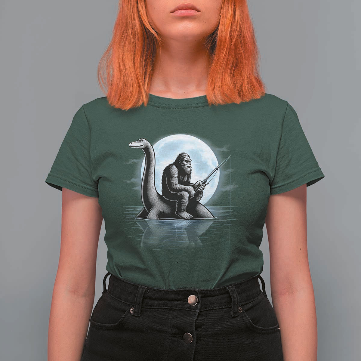 Funny Bigfoot Fishing T Shirt For Women Sasquatch Riding Nessie Cryptid Moon Night - Wonder Print Shop