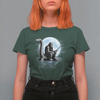 Funny Bigfoot Fishing T Shirt For Women Sasquatch Riding Nessie Cryptid Moon Night - Wonder Print Shop