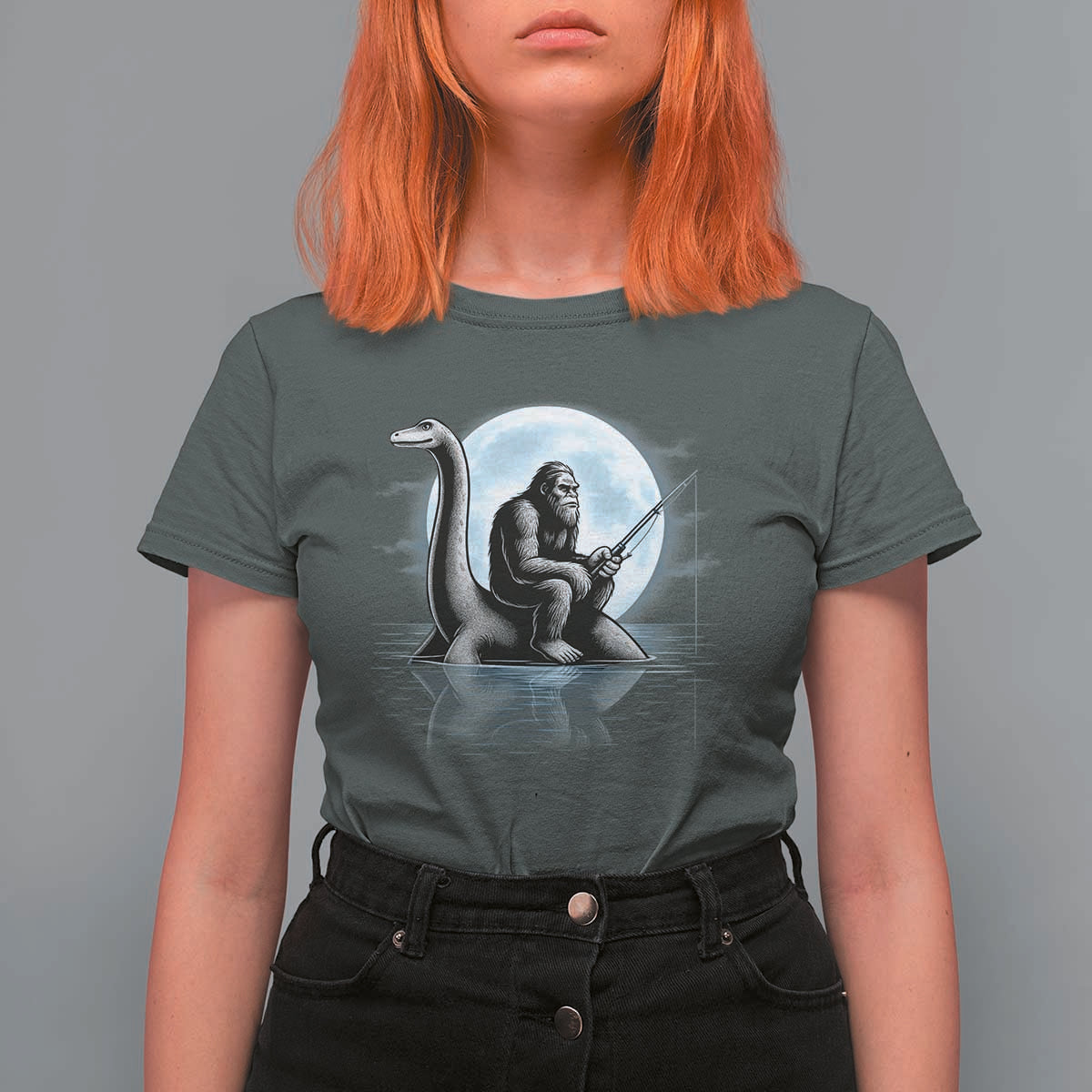 Funny Bigfoot Fishing T Shirt For Women Sasquatch Riding Nessie Cryptid Moon Night - Wonder Print Shop
