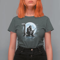 Funny Bigfoot Fishing T Shirt For Women Sasquatch Riding Nessie Cryptid Moon Night - Wonder Print Shop