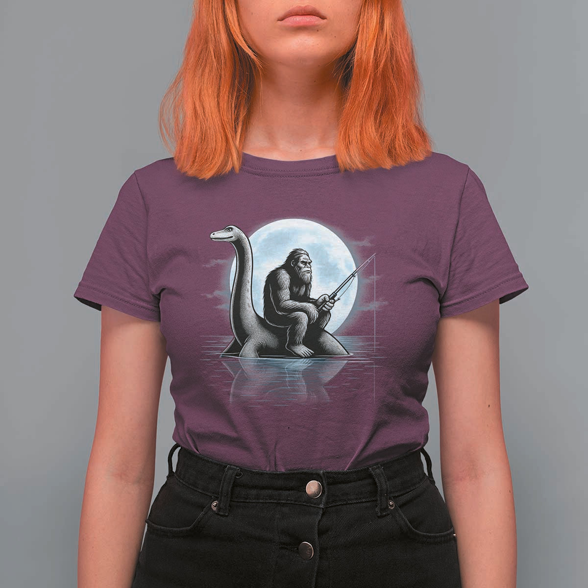 Funny Bigfoot Fishing T Shirt For Women Sasquatch Riding Nessie Cryptid Moon Night - Wonder Print Shop