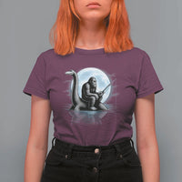 Funny Bigfoot Fishing T Shirt For Women Sasquatch Riding Nessie Cryptid Moon Night - Wonder Print Shop