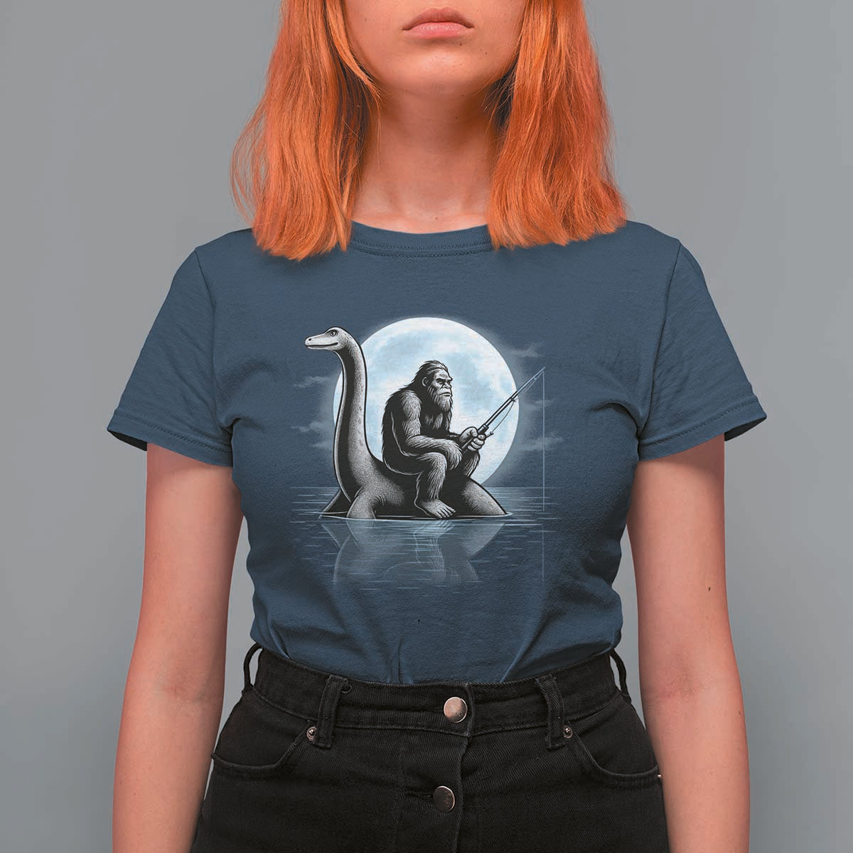 Funny Bigfoot Fishing T Shirt For Women Sasquatch Riding Nessie Cryptid Moon Night - Wonder Print Shop