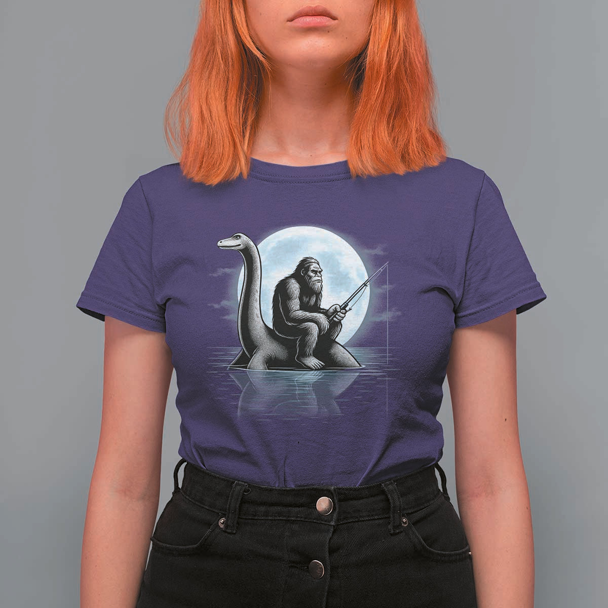 Funny Bigfoot Fishing T Shirt For Women Sasquatch Riding Nessie Cryptid Moon Night - Wonder Print Shop