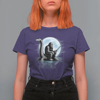 Funny Bigfoot Fishing T Shirt For Women Sasquatch Riding Nessie Cryptid Moon Night - Wonder Print Shop