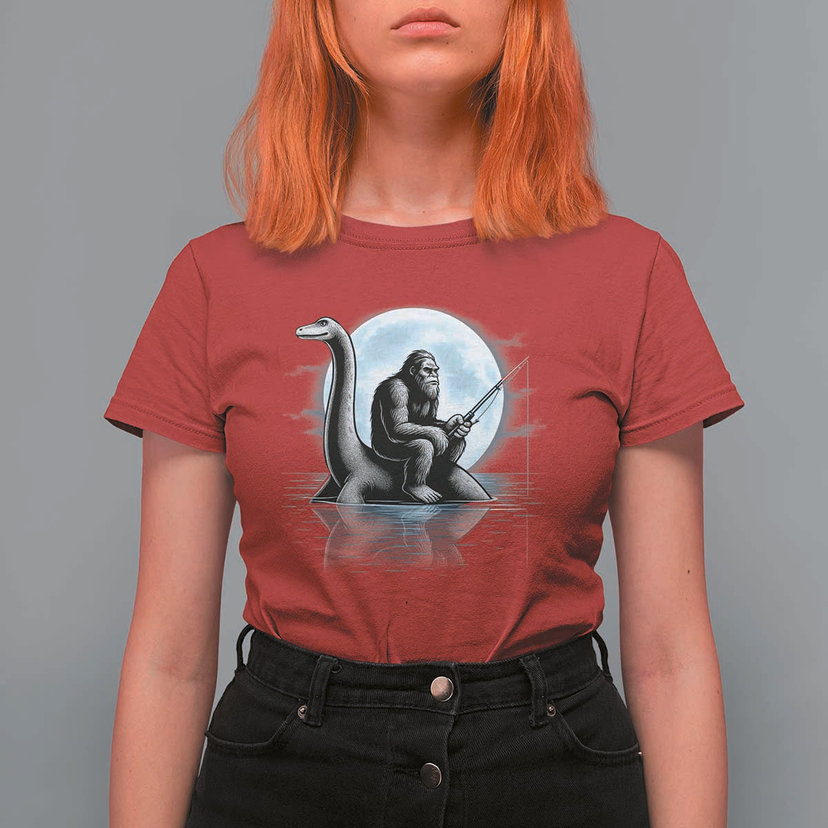 Funny Bigfoot Fishing T Shirt For Women Sasquatch Riding Nessie Cryptid Moon Night - Wonder Print Shop