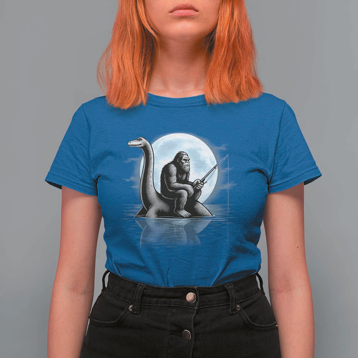 Funny Bigfoot Fishing T Shirt For Women Sasquatch Riding Nessie Cryptid Moon Night - Wonder Print Shop
