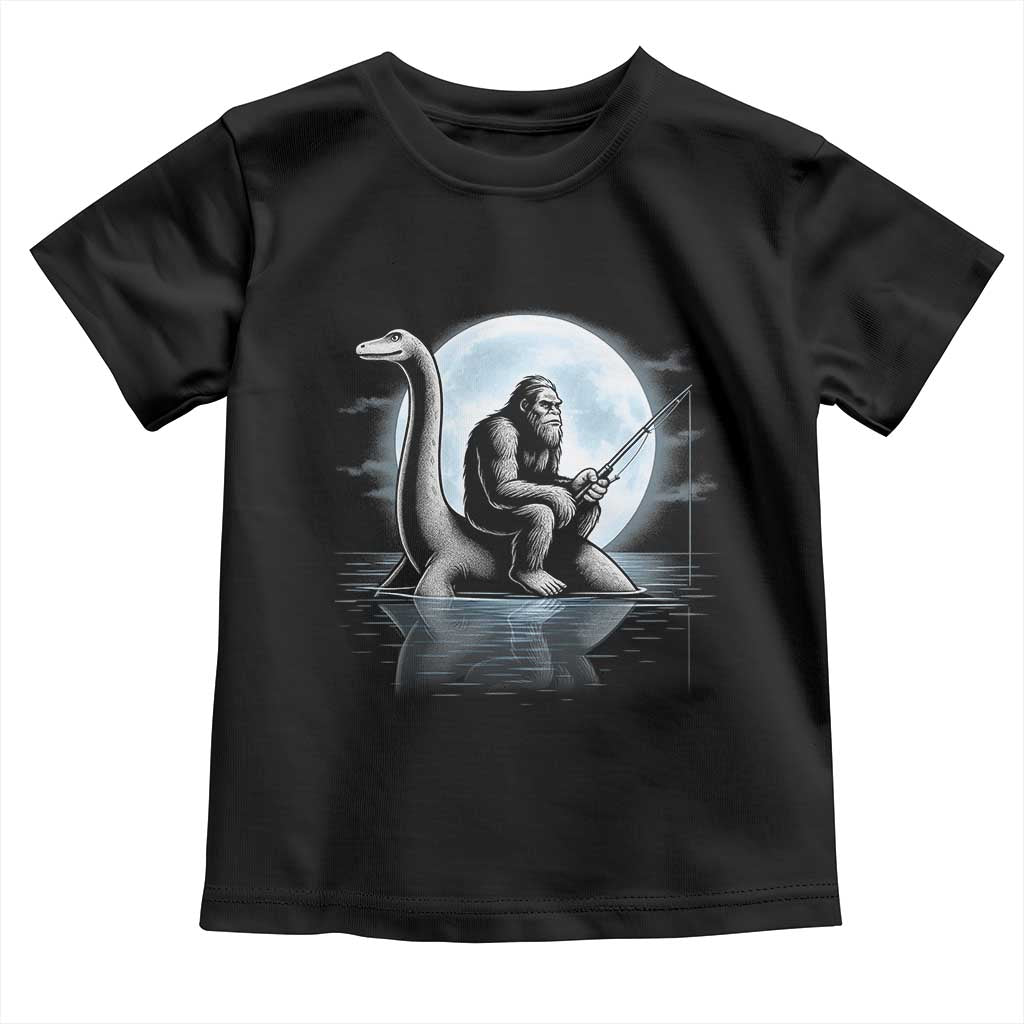 Funny Bigfoot Fishing Toddler T Shirt Sasquatch Riding Nessie Cryptid Moon Night - Wonder Print Shop
