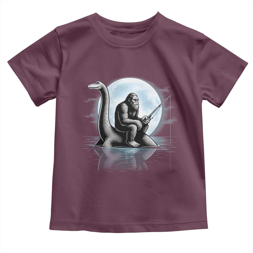 Funny Bigfoot Fishing Toddler T Shirt Sasquatch Riding Nessie Cryptid Moon Night - Wonder Print Shop