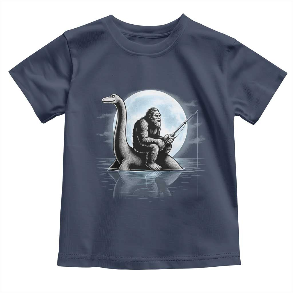 Funny Bigfoot Fishing Toddler T Shirt Sasquatch Riding Nessie Cryptid Moon Night - Wonder Print Shop
