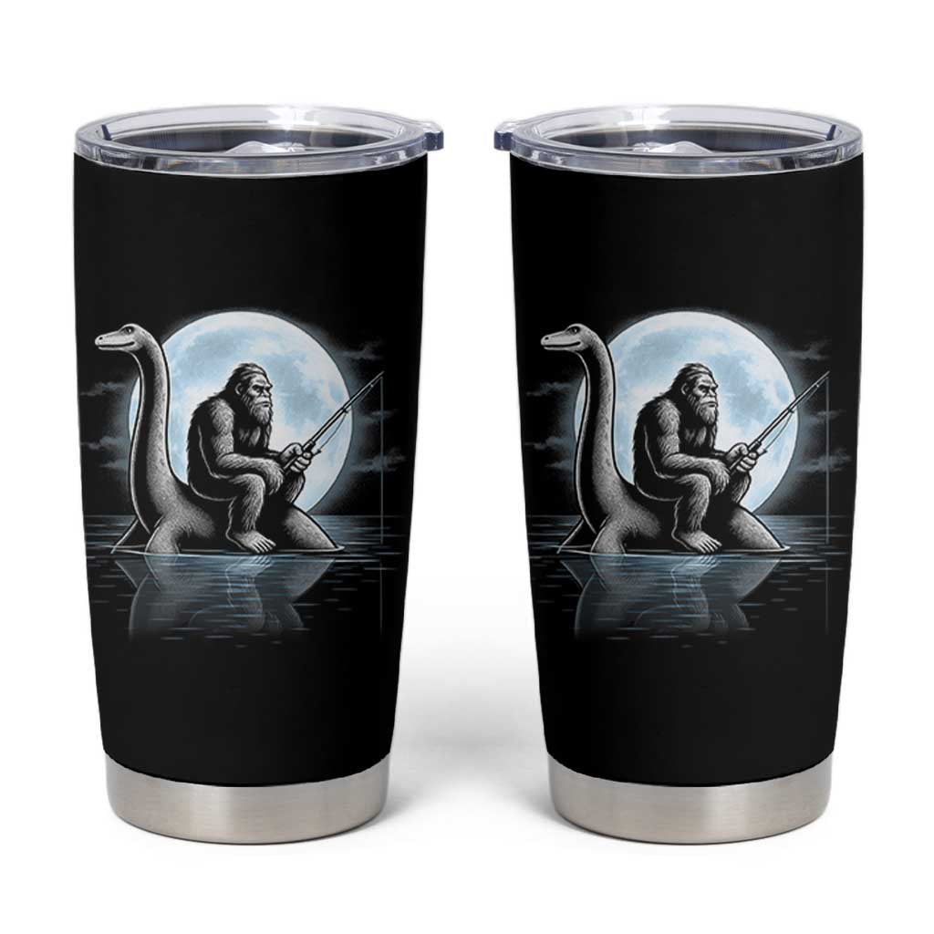 Funny Bigfoot Fishing Tumbler Cup Sasquatch Riding Nessie Cryptid Moon Night - Wonder Print Shop