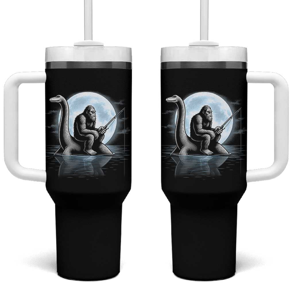 Funny Bigfoot Fishing Tumbler With Handle Sasquatch Riding Nessie Cryptid Moon Night - Wonder Print Shop