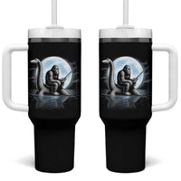 Funny Bigfoot Fishing Tumbler With Handle Sasquatch Riding Nessie Cryptid Moon Night - Wonder Print Shop