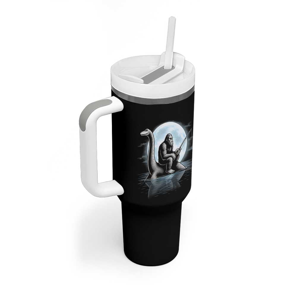 Funny Bigfoot Fishing Tumbler With Handle Sasquatch Riding Nessie Cryptid Moon Night - Wonder Print Shop