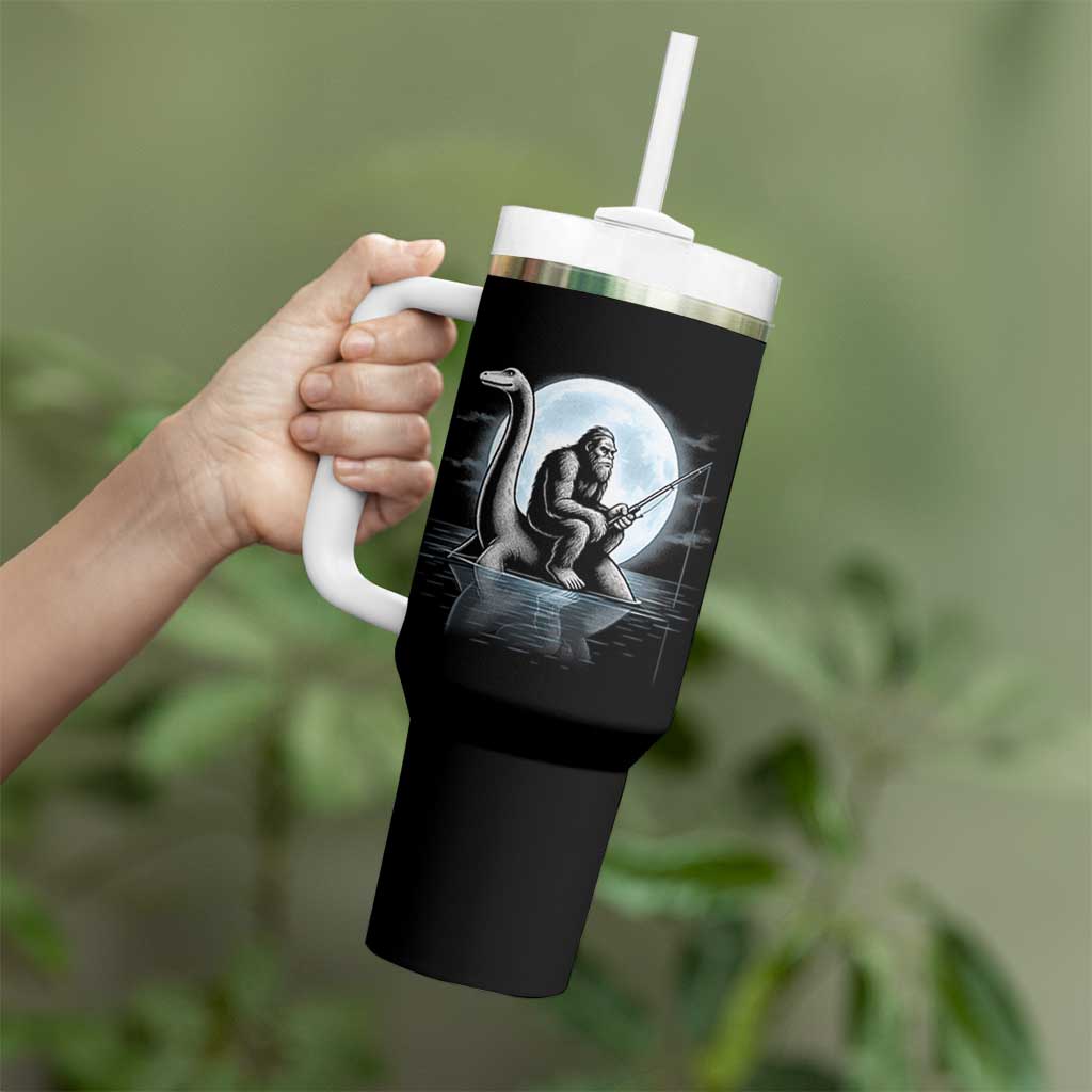 Funny Bigfoot Fishing Tumbler With Handle Sasquatch Riding Nessie Cryptid Moon Night - Wonder Print Shop