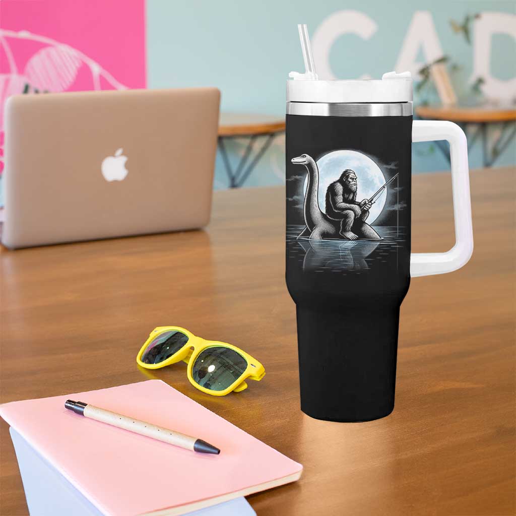 Funny Bigfoot Fishing Tumbler With Handle Sasquatch Riding Nessie Cryptid Moon Night - Wonder Print Shop