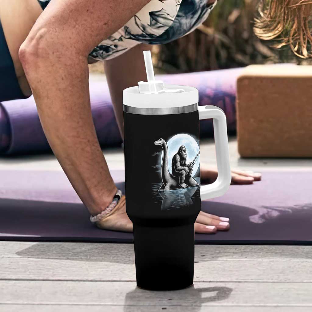 Funny Bigfoot Fishing Tumbler With Handle Sasquatch Riding Nessie Cryptid Moon Night - Wonder Print Shop