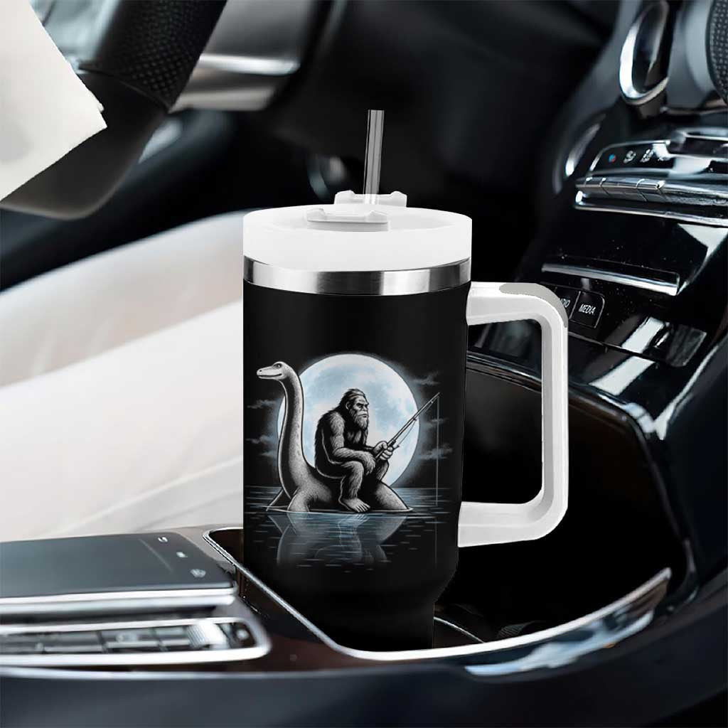Funny Bigfoot Fishing Tumbler With Handle Sasquatch Riding Nessie Cryptid Moon Night - Wonder Print Shop