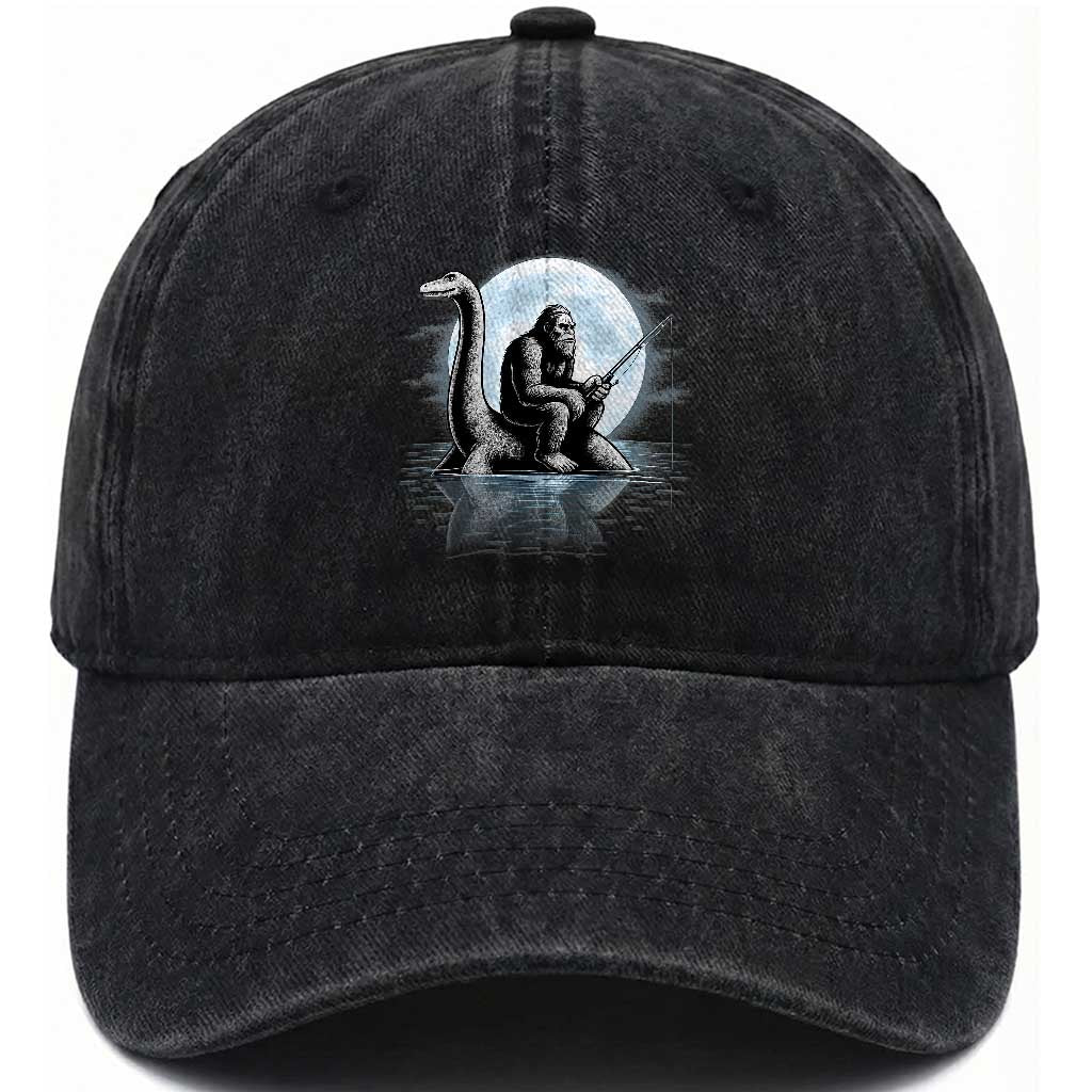 Funny Bigfoot Fishing Washed Cotton Baseball Cap Sasquatch Riding Nessie Cryptid Moon Night