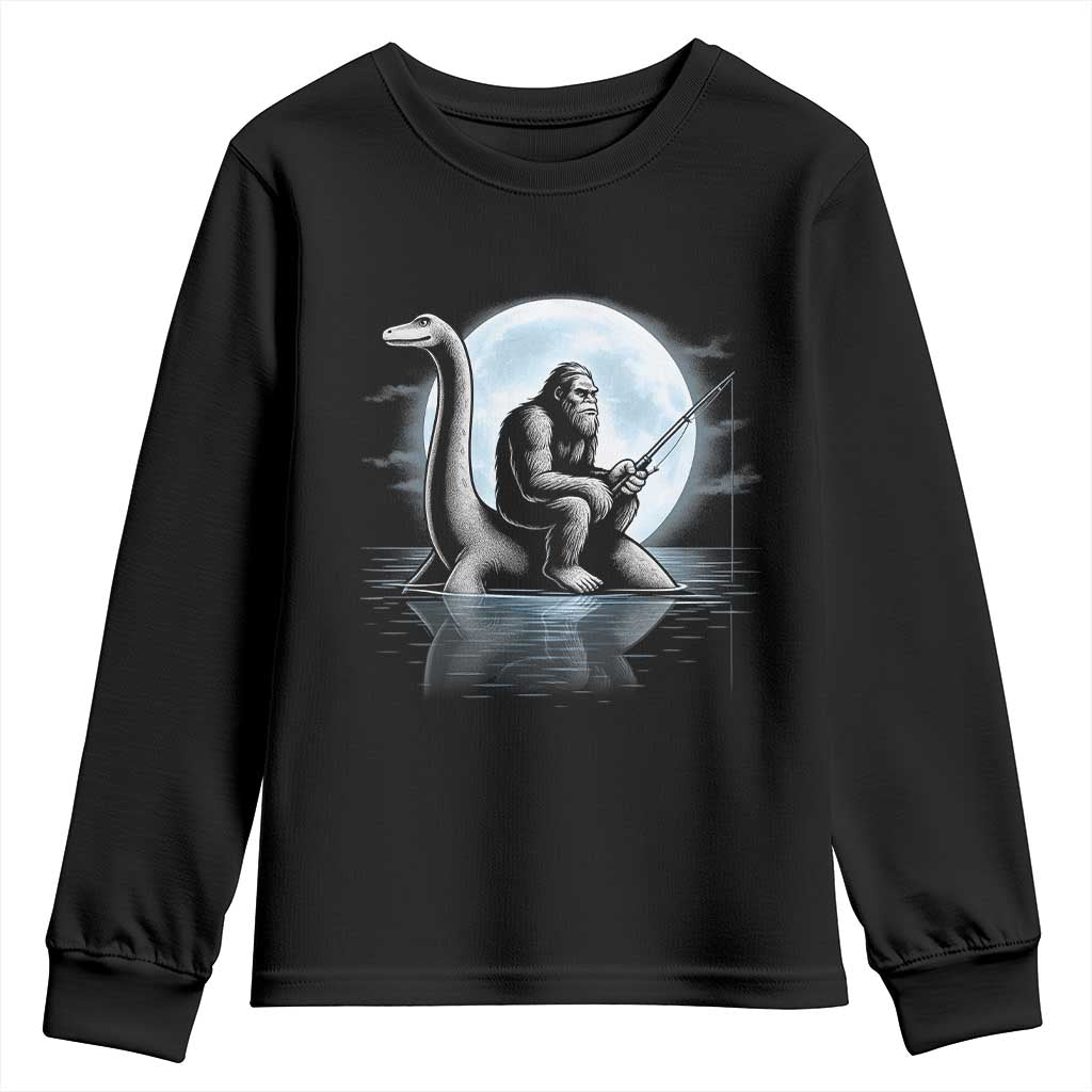 Funny Bigfoot Fishing Youth Sweatshirt Sasquatch Riding Nessie Cryptid Moon Night - Wonder Print Shop