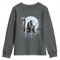 Funny Bigfoot Fishing Youth Sweatshirt Sasquatch Riding Nessie Cryptid Moon Night - Wonder Print Shop
